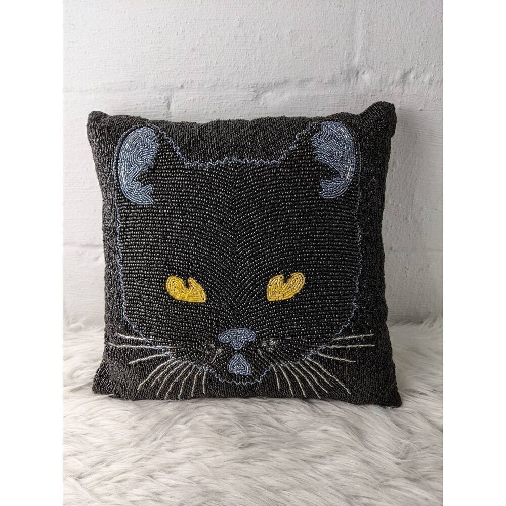 Pier1 Black Cat Yellow eyes Beaded Pillow Gosh Halloween Spooky Decor 12X12